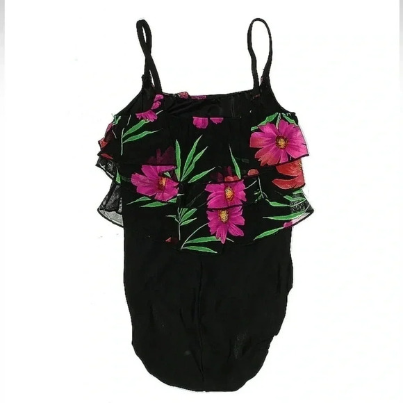Longitude | Beach Black Pink Floral Ruffle Chest One Piece Swimsuit Size 10 - Picture 2 of 2